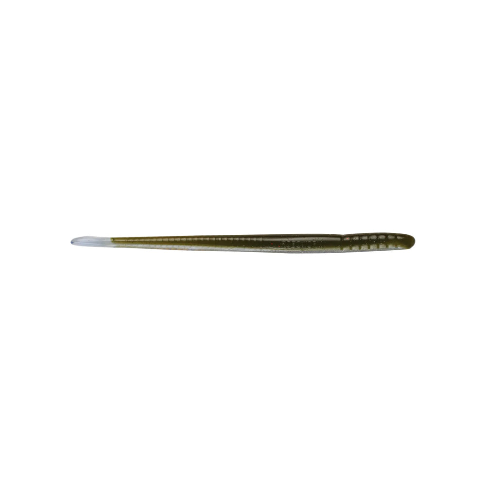 The Roboworm Fat Straight Tail Worms, by Roboworm, are slim soft plastic lures with Salt Release Technology, featuring a dark green body and a translucent tail to effectively entice fish.