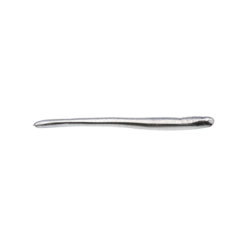 A close-up view of a shiny, metallic sewing needle on a white background mirrors the precision of Roboworm's Salt Release Technology, with the pointed tip on the left and the eye on the right.