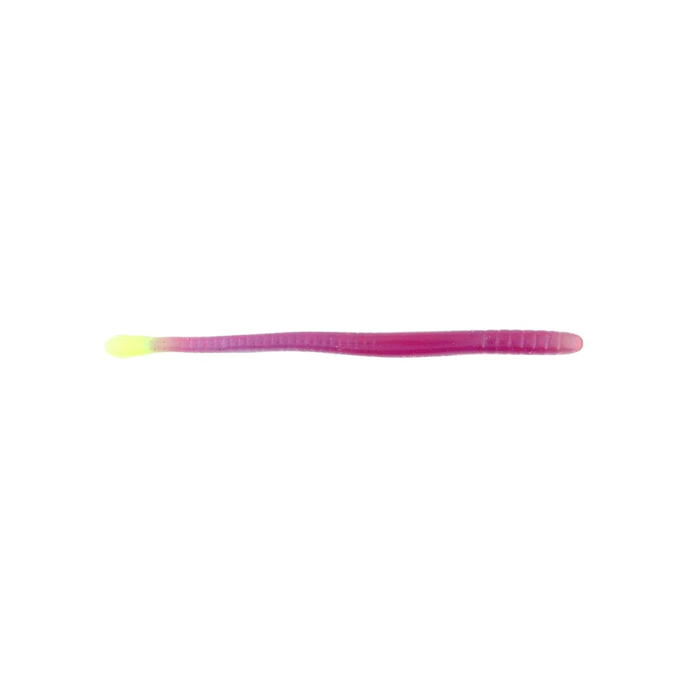 This fishing lure boasts a slender, curved profile with Salt Release Technology. It features a bright pink body and light green tip, mimicking small bait fish. Its textured surface enhances realism akin to the finesse of Roboworm's Fat Straight Tail Worms.