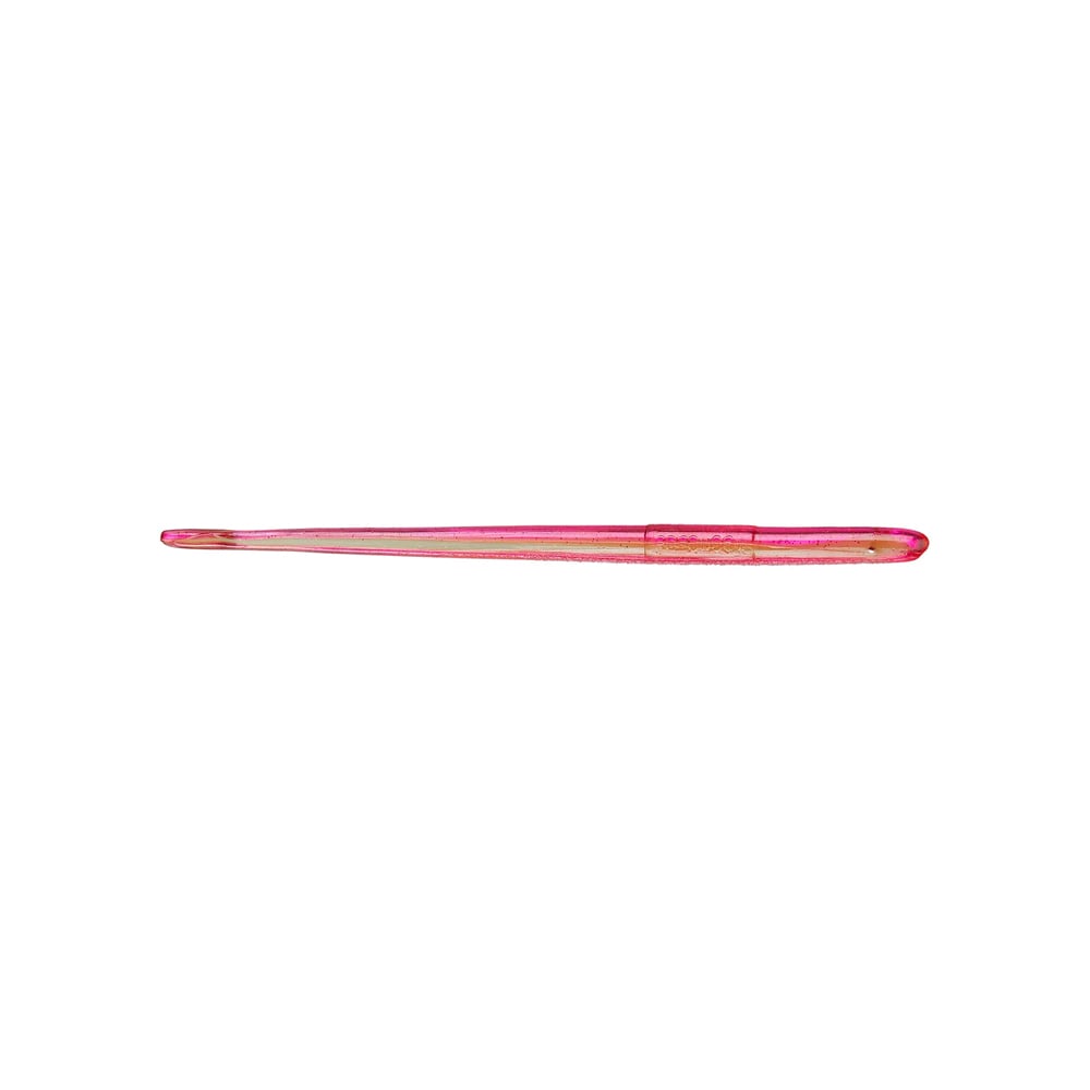 A solitary pink crochet hook, featuring a smooth and gently curved design against a white backdrop, mirrors the intricate craftsmanship of Roboworm's Straight Tail Worms.