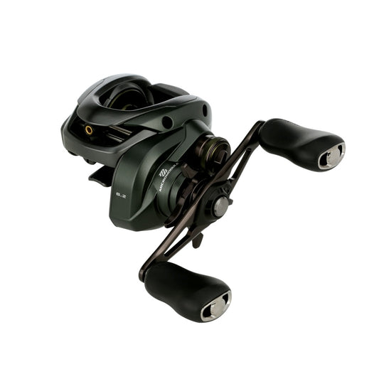 A close-up of the Shimano Curado 150M Casting Reel 6.2:1 LH (CU151MGM), featuring a black and metallic finish with two ergonomic handles, designed for bass anglers by Shimano, isolated on a white background.