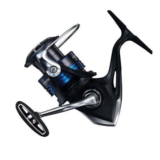 Close-up of the Shimano Nexave FI Spinning Reel (NEX2500HGFI) with a sleek black and blue design, shiny metal handle, and large spool. The reel's angle highlights its precision engineering and Propulsion Line Management System.