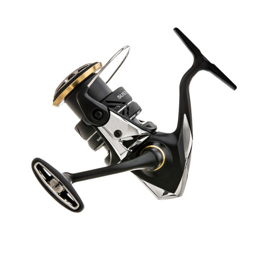 Meet the Shimano Sustain FJ Spinning Reel (SAC3000HGFJ), a modern marvel with a sleek black body, metallic accents, and a gold spool. The innovative MagnumLite Rotor and streamlined handle with a circular grip highlight its intricate engineering.