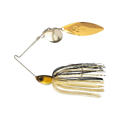 The Shimano Swagy Spinnerbait Colorado Willow by Shimano features a yellow and black head, gold and silver blades, and a skirt of gold, black, and white strands. Its tapered-wire design maximizes vibration to attract more fish.