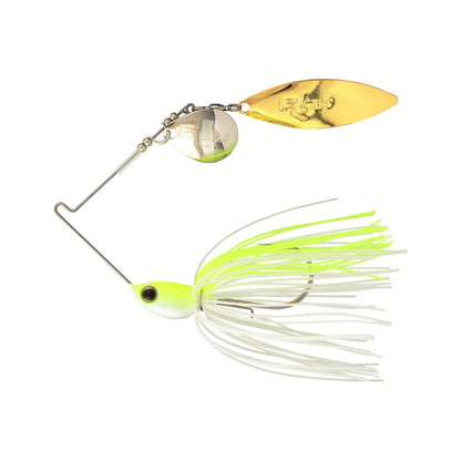 The Shimano Swagy Spinnerbait Colorado Willow features a white and chartreuse skirt, silver and gold metal blades, and a tapered-wire design for enhanced vibration.