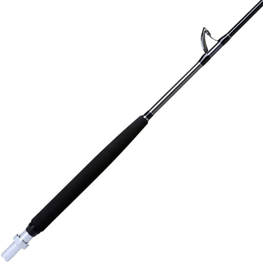The Shimano Terez BW Swordfish Rod 76" Extra Heavy (TZBWSF76XHA) features a black and silver design with a foam handle, hook keeper, and white cap—ideal for offshore fishing, all set against a white background.