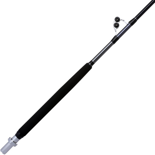 A close-up of the Shimano Terez BW Full Roller Uni Butt Rod 83" XXH (TZBW83XXHFRUBA) by Shimano, in black and silver with a foam handle and full roller guides—ideal for high-speed trolling—shown on a white background.