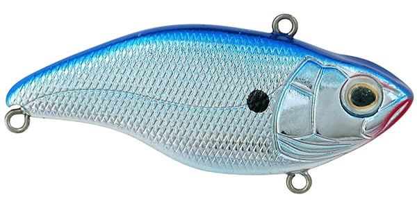 The SPRO Aruku Shad Lipless Crankbait is a blue and silver fish-shaped lure with black side spots, an eye, and textured scales. It features three attachment loops for fishing lines or Gamakatsu treble hooks.
