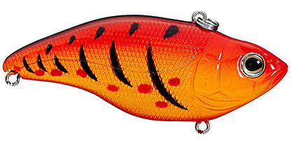 The SPRO Aruku Shad Lipless Crankbait is a fish-shaped lure with bright orange and red gradient, black stripes and spots, metallic eyes, and durable Gamakatsu treble hooks for your fishing adventures.