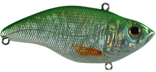 The Spro Aruku Shad Lipless Crankbait by SPRO is a shiny, fish-shaped lure with a green back, metallic silver body, and a realistic fish eye. It has Gamakatsu treble hooks for top catch performance and features a textured scale pattern.