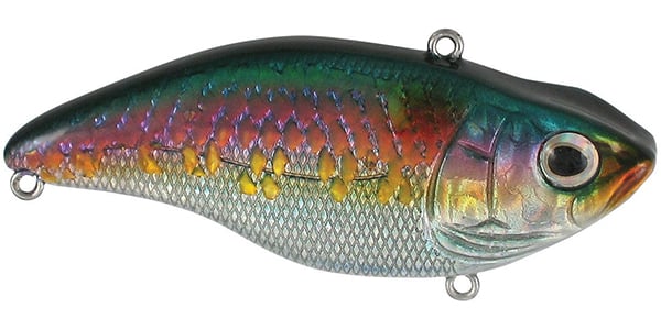 The SPRO Aruku Shad Lipless Crankbait is a fish-shaped lure with shiny scales, featuring purple, green, yellow, and metallic silver hues. It offers realistic eyes and textured details paired with Gamakatsu treble hooks for secure catches.