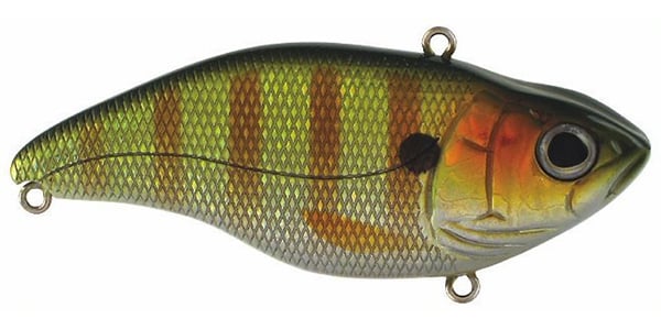 The SPRO Aruku Shad Lipless Crankbaits feature a realistic fish shape with a green and orange scale-like texture, a large eye, multiple attachment points, and high-quality Gamakatsu treble hooks for top-notch performance.