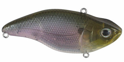 The SPRO Aruku Shad Lipless Crankbait features a fish-shaped design with a greenish-brown back, shiny scaled body with purple hues, three attachment rings, sharp Gamakatsu treble hooks, and a large eye for realistic appeal.