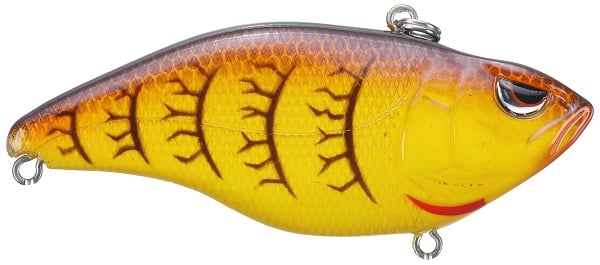 The SPRO Aruku Shad Lipless Crankbait features vibrant yellow and orange scales with detailed eye and fin patterns. Outfitted with Gamakatsu treble hooks on top and bottom, it ensures secure attachment to your fishing line.
