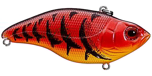 The SPRO Aruku Shad Lipless Crankbaits, designed like a vibrant red and orange fish with black stripes and large eyes, feature a textured surface. Equipped with top and bottom rings, they're ideal for Gamakatsu treble hooks, making them irresistible to catches.