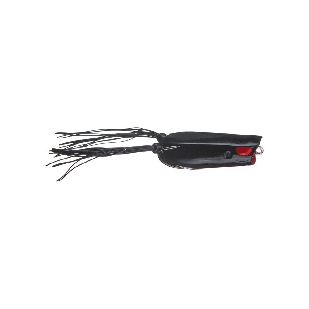 The SPRO Bronzeye Pop 60, a black bass fishing lure, features a bulbous body, thin trailing strands like legs or antennae, a red cup-shaped mouth, and a sharp Gamakatsu hook for top performance.