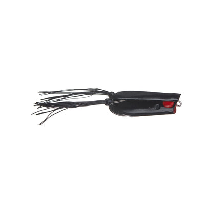 The SPRO Bronzeye Pop 60, a black bass fishing lure, features a bulbous body, thin trailing strands like legs or antennae, a red cup-shaped mouth, and a sharp Gamakatsu hook for top performance.