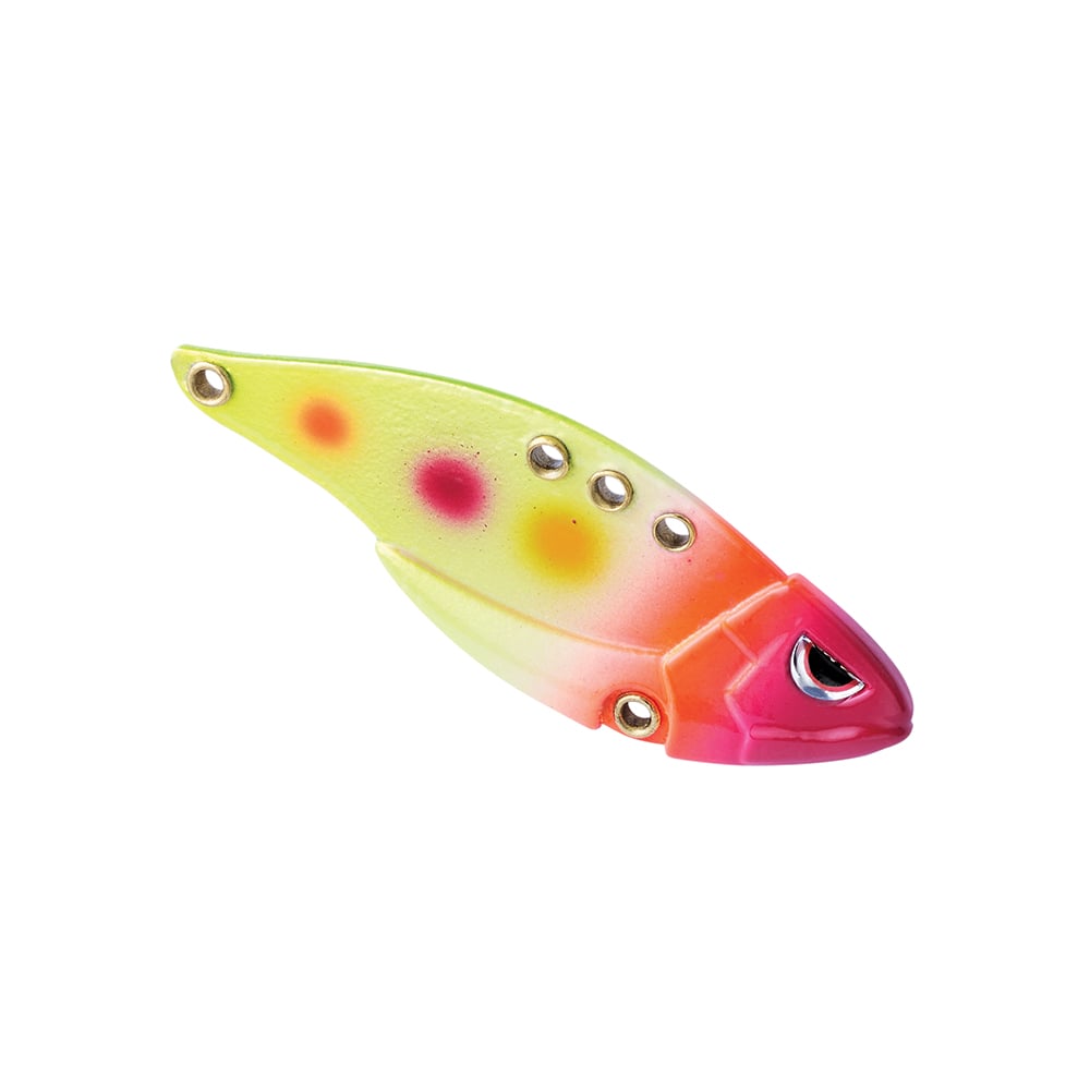 The SPRO Carbon Blade TG Blade Bait is a vibrant option for bass anglers, featuring a colorful curved shape. It showcases a gradient from yellow to pink with red spots and silver holes, mimicking the appearance of a small fish.