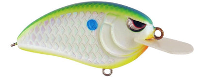 The SPRO Little John Type R 50 is a colorful crankbait with a green-yellow gradient top, white scaly sides, a blue dot, and a prominent red eye. Equipped with Gamakatsu treble hooks and clear rectangular lip, it's ideal for diving adventures.