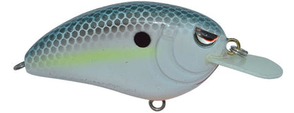 Introducing the SPRO Little John Type R 50 Crankbaits—fish-shaped with a blue and white scale pattern, a yellow stripe, reflective surface, Gamakatsu treble hooks, and a metal ring for easy line attachment.