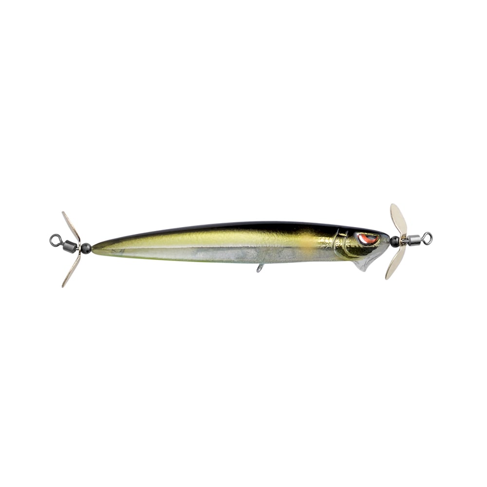 The SPRO Spin John 80 is a realistic, fish-shaped lure with a metallic dark green and silver finish, red eyes, and double propellers. Mimicking natural movement to attract fish, it's equipped with sharp Gamakatsu G Finesse treble hooks.