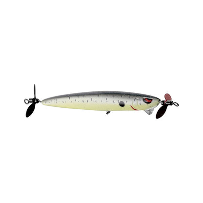 The SPRO Spin John 80 is a fishing lure with a slim body, gray speckled back, yellowish underside, red around the eyes, fitted with Gamakatsu G Finesse treble hooks and propellers on both ends for superior performance.