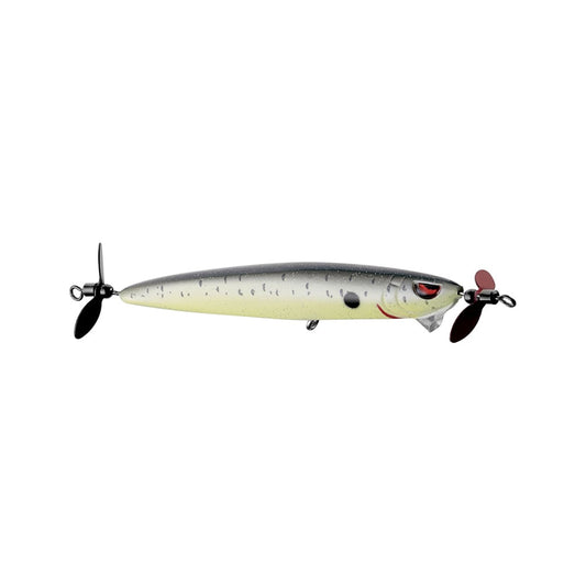 The SPRO Spin John 80 is a fishing lure with a slim body, gray speckled back, yellowish underside, red around the eyes, fitted with Gamakatsu G Finesse treble hooks and propellers on both ends for superior performance.