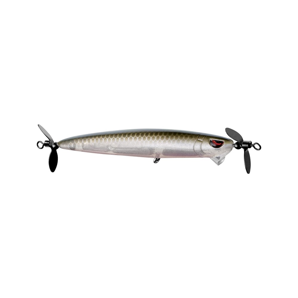 Introducing the SPRO Spin John 80, a silver fish-like fishing lure with scale patterns, black propellers, and red and black eye design. Enhanced with Gamakatsu G Finesse treble hooks for improved catch rates.