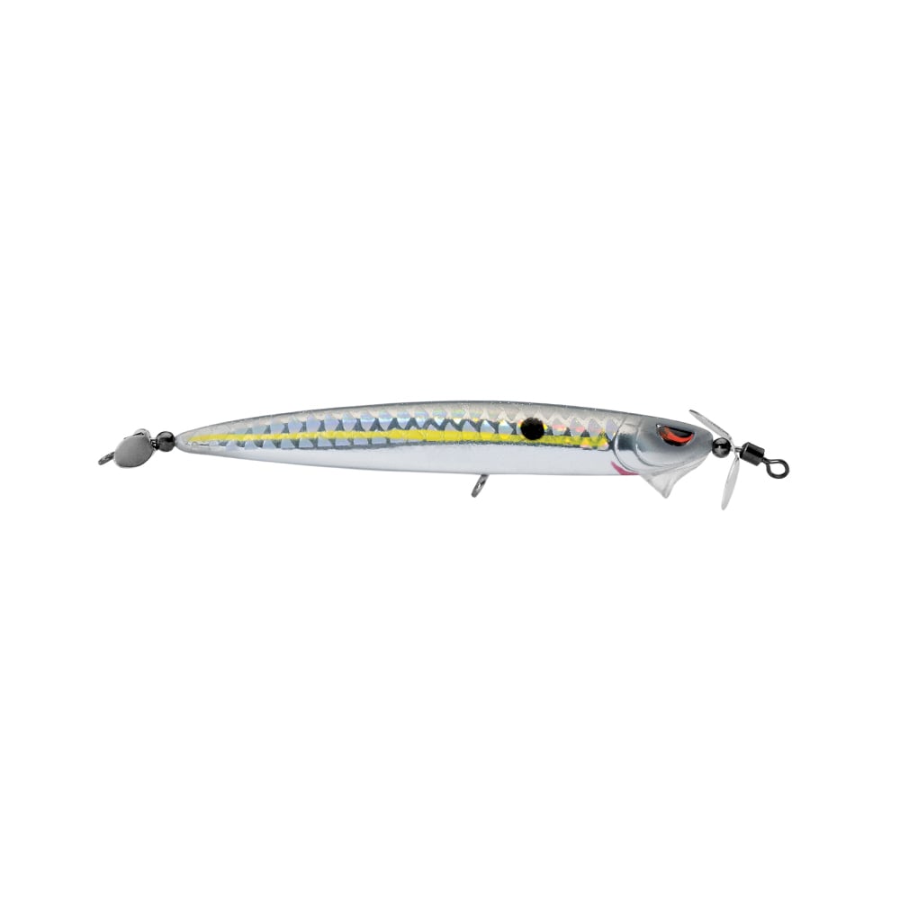 Introducing the SPRO Spin John 80: a shiny silver, fish-shaped spy bait with a reflective holographic body and propeller tail. It features a black dot near the head, Gamakatsu G Finesse treble hooks for superior catch potential, and a realistic fish head design.