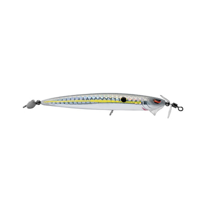 Introducing the SPRO Spin John 80: a shiny silver, fish-shaped spy bait with a reflective holographic body and propeller tail. It features a black dot near the head, Gamakatsu G Finesse treble hooks for superior catch potential, and a realistic fish head design.