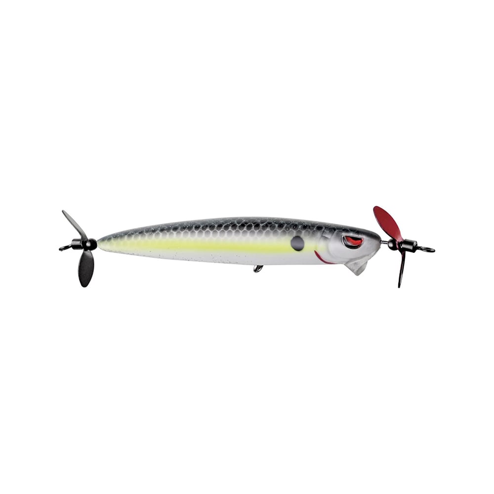 The Spro Spin John 80 by SPRO is expertly designed to mimic a small fish, featuring a metallic body with black spots and a white-to-green gradient. It’s equipped with Gamakatsu G Finesse treble hooks, a red and black front propeller, and a black rear propeller.