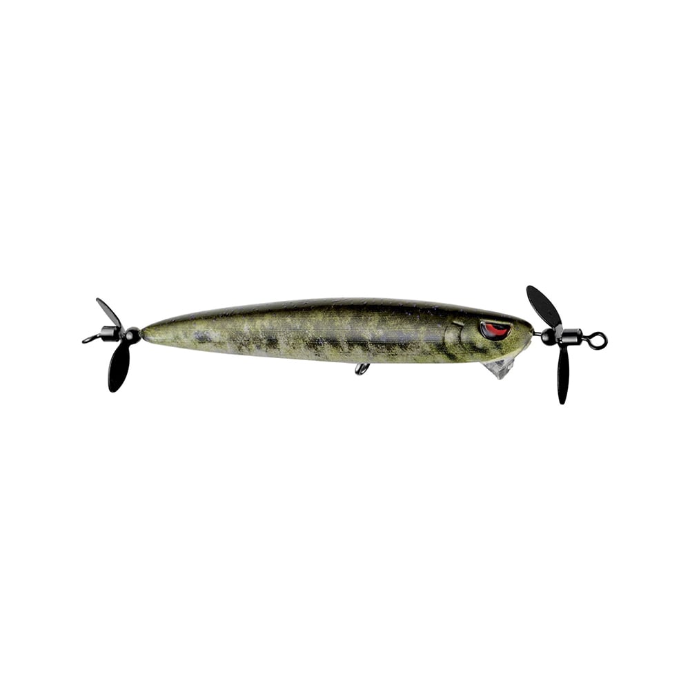 The SPRO Spin John 80 fishing lure mimics a small fish with a green, speckled body and eye. It has propellers on both ends and a metallic shine to attract fish, featuring Gamakatsu G Finesse treble hooks, set against a plain white background.