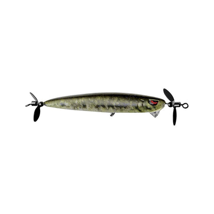 The SPRO Spin John 80 fishing lure mimics a small fish with a green, speckled body and eye. It has propellers on both ends and a metallic shine to attract fish, featuring Gamakatsu G Finesse treble hooks, set against a plain white background.