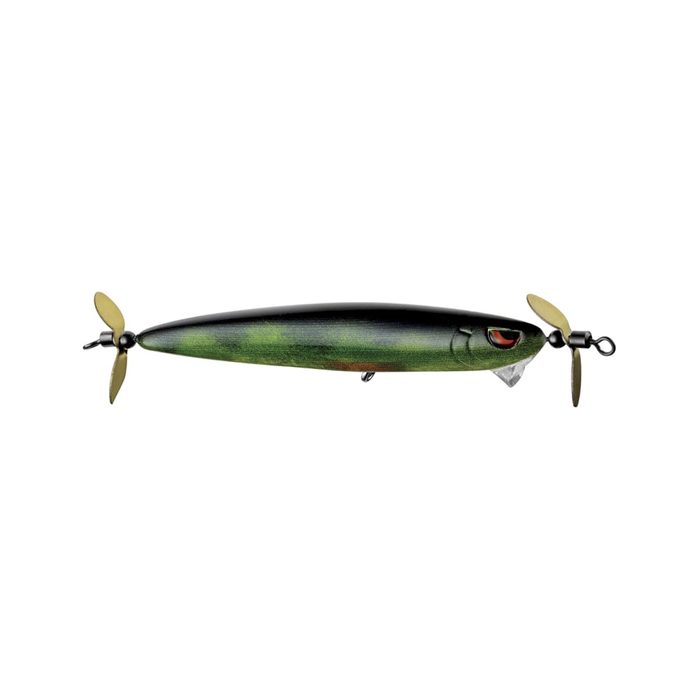 The SPRO Spin John 80, a green and black lure, features two end propellers and sharp Gamakatsu G Finesse treble hooks. Its front eye design and glossy finish make it ideal for stealthy spy bait tactics.