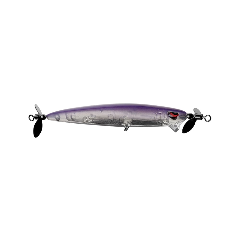 The SPRO Spin John 80 is a purple and grey fishing lure with a sleek body, detailed fish-like head, red eye, and propellers on both ends. It features Gamakatsu G Finesse treble hooks for ultimate performance.