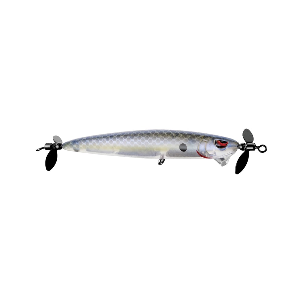 The SPRO Spin John 80 is a silver and black fish-shaped lure with realistic scales, red around the eye, and two black propellers for superior spin. Equipped with Gamakatsu G Finesse treble hooks, it's ideal for attracting fish on your next outing.