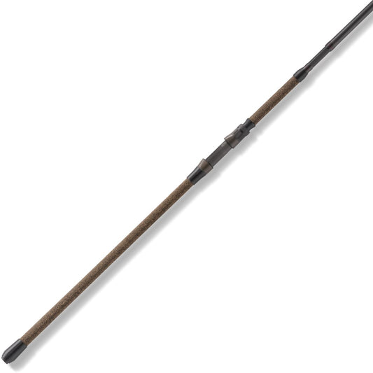 A close-up of the St. Croix Avid Surf Casting Rod 11’0” Medium Heavy (VSC110MHF2) with a brown textured handle and black reel seat, displayed diagonally on white—ideal for maximum casting distance.