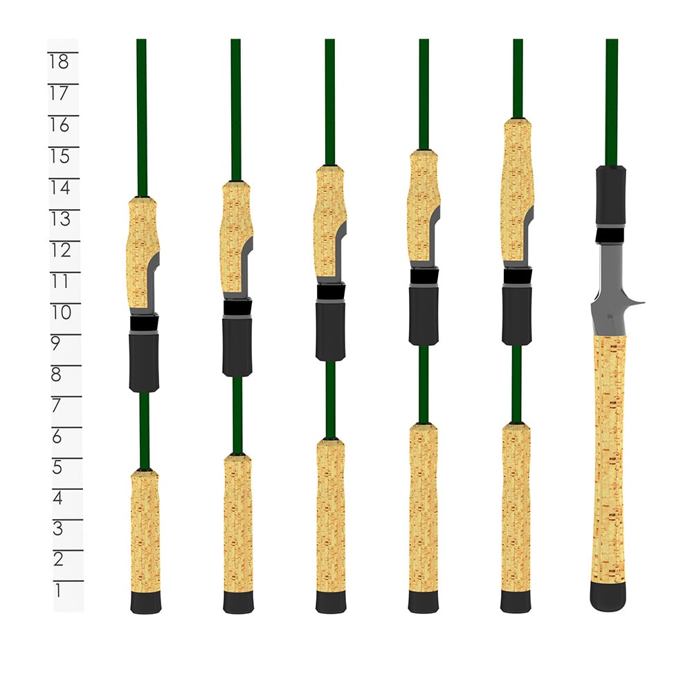 Seven St. Croix Eyecon Spinning Rods (7’6” ML Slip-N-Rig, 2 piece) are lined up vertically, showing cork grips and SCII carbon fiber construction with open slots or reel seats, alongside a 1–18 measurement scale for comparison.