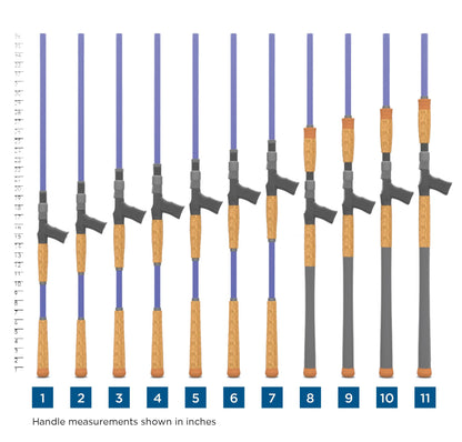 Eleven St. Croix fishing rods, including the Legend Tournament Musky Casting Rod Split Cork 9'0" Medium Light Bantam Bait (LMTSC90MLF), are lined up vertically with cork handles increasing in length, ideal for musky casting enthusiasts.