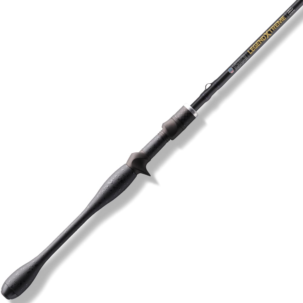 Close-up of a sleek black americanlegacyfishing St. Croix Legend Xtreme 7’4” Heavy Casting Rod with textured grip and ergonomic handle, tapering smoothly at the top. Built with Advanced Reinforcing Technology, it features "Legend Xtreme" branding text.