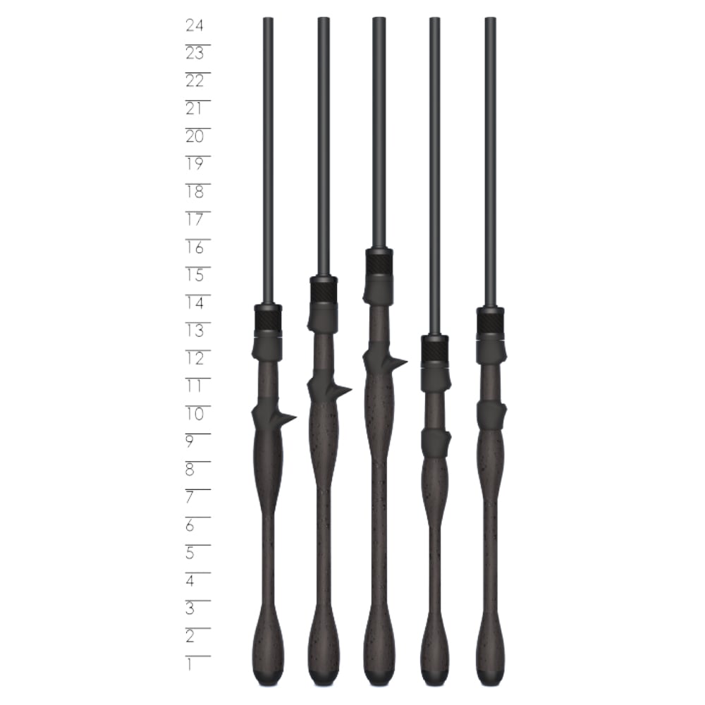 Five intricately designed black wands are vertically aligned with different handles, reminiscent of the precision in a St. Croix Legend Xtreme 7’6” Medium Spinning Rod. A ruler on the left, measuring up to 24, highlights their varying lengths against a white background.