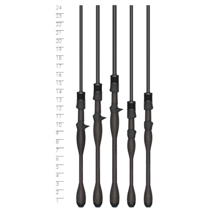 Five intricately designed black wands are vertically aligned with different handles, reminiscent of the precision in a St. Croix Legend Xtreme 7’6” Medium Spinning Rod. A ruler on the left, measuring up to 24, highlights their varying lengths against a white background.