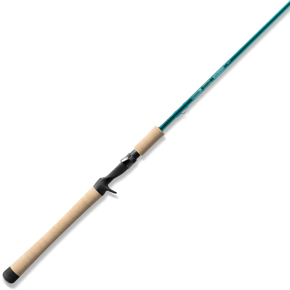 A St. Croix Mojo Inshore Casting Rod 7'0" Medium Light Moderate | JIC70MLM is displayed diagonally on a white background, featuring a green finish with a cork handle and black reel seat.