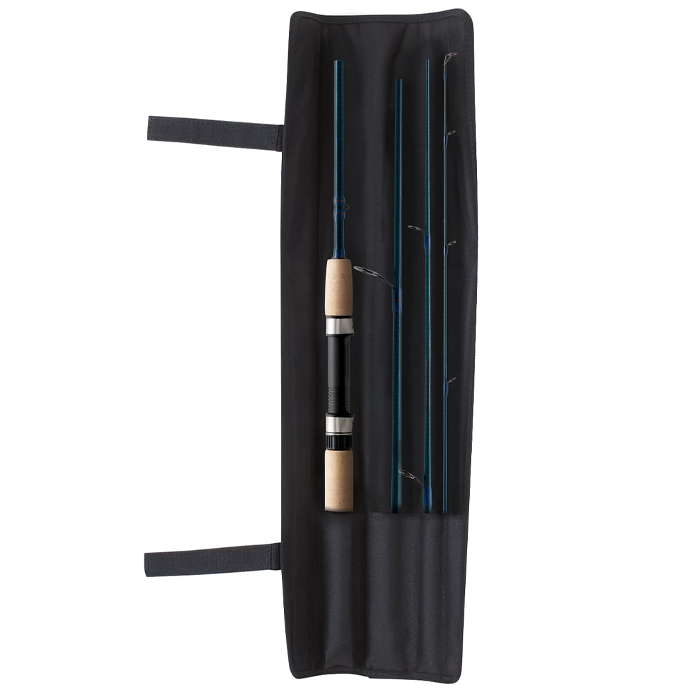 The St. Croix Triumph Travel Spinning Rod 6'6” Medium Heavy (TSR66MHF4) disassembles into four sections with a cork handle, metal reel seat, and blue graphite SCII Carbon. It's organized in a black fabric case with two securing straps.
