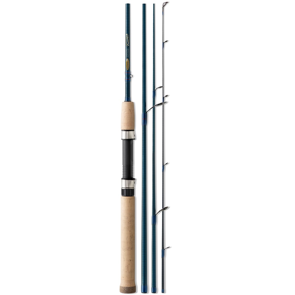 The St. Croix Triumph Travel Spinning Rod (6'6" Medium Heavy, TSR66MHF4) features a three-piece design with a cork handle and metal reel seat, crafted from SCII Carbon. The rod's blue sections have several metal line guides, all aligned vertically on a white background.