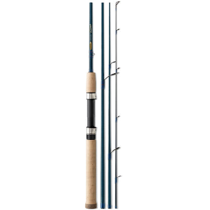 The St. Croix Triumph Travel Spinning Rod (6'6" Medium Heavy, TSR66MHF4) features a three-piece design with a cork handle and metal reel seat, crafted from SCII Carbon. The rod's blue sections have several metal line guides, all aligned vertically on a white background.