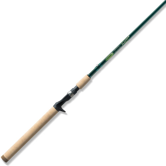 The St. Croix Triumph Inshore Casting Rod 7'0” Medium (TRIC70MF) features a cork handle, SCII carbon construction, black reel seat, and green rod shaft, shown on a white background.