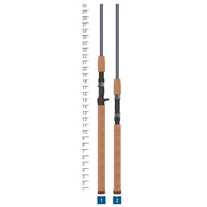 Two St. Croix Triumph Salmon & Steelhead Spinning Rod handles (8'6” Medium | TRSS86MF2) with cork grips, one trigger and one straight, are shown upright against a ruler—great for your next spinning rod setup.