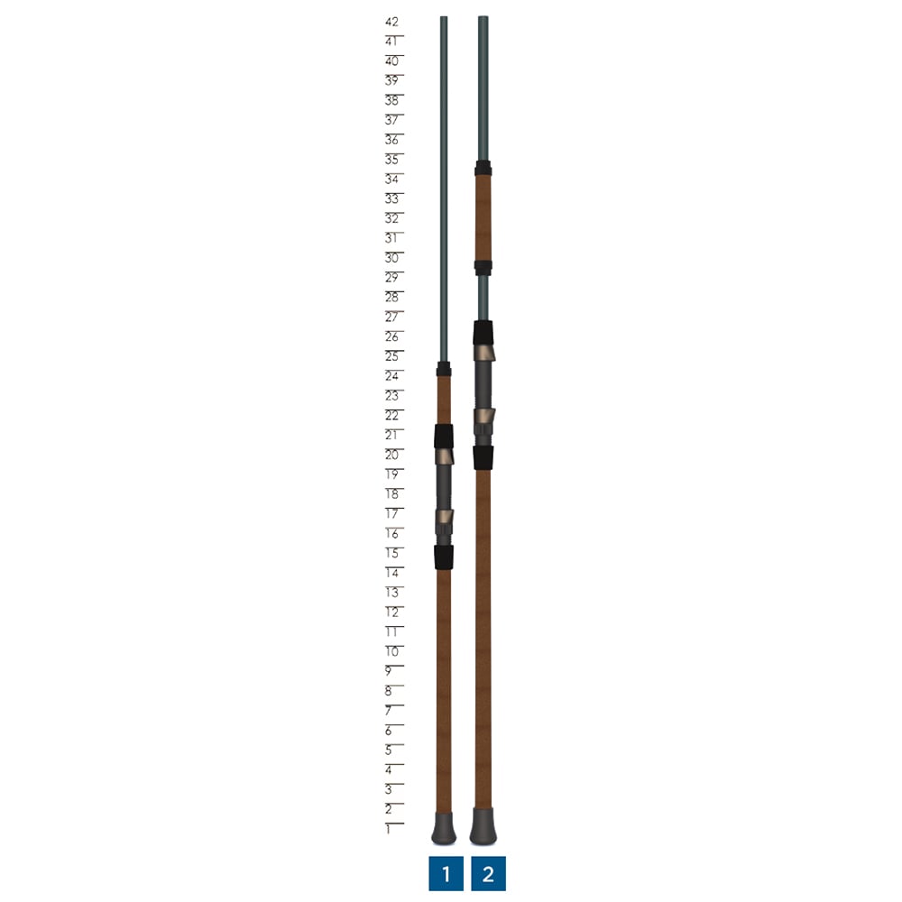 Two St. Croix Triumph Surf Travel Spinning Rods 10'0" Medium (TSF100M4) are shown vertically with 0–42 inch markings, side by side—one slightly shorter. Both feature brown handles for long distance casting.