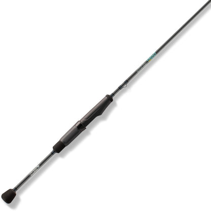 The St. Croix Trout Series Spinning Rod 6'0" Ultra Light 2 Piece | TFS60ULF2 features a sleek black finish with foam handles and metallic accents. Made from SCII Carbon Fiber, it's ultra-light for easy handling, with a thin, flexible tip for precise sport fishing.